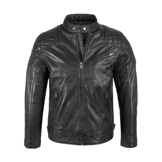 Mens Padded Black Cafe Racer Leather Jacket