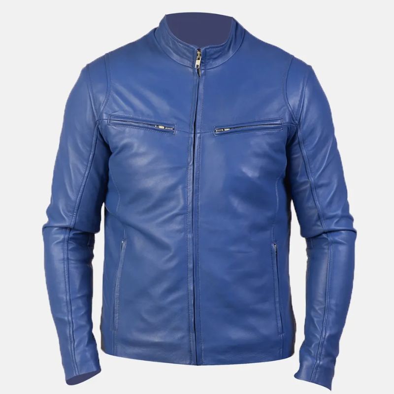 Cafe Racer Blue Leather Jacket Mens