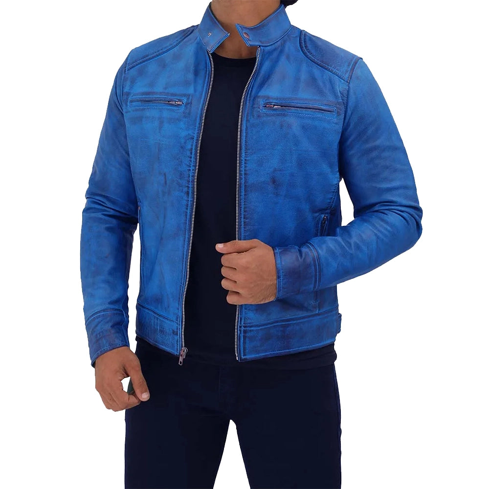 Mens Genuine Lambskin Blue Café Racer Leather Jacket