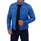 Mens Genuine Lambskin Blue Café Racer Leather Jacket