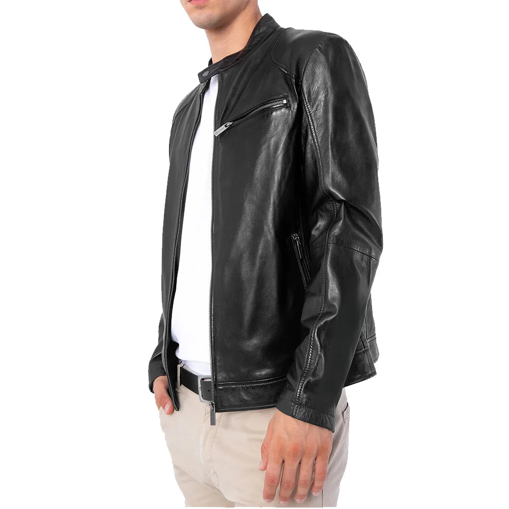 Men's Lambskin Leather Black Cafe Racer Jacket