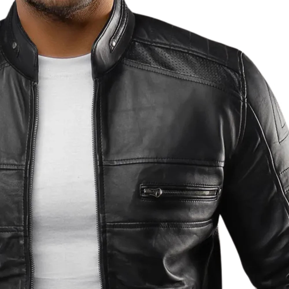 Men's Genuine Lambskin Black Cafe Racer Leather Jacket