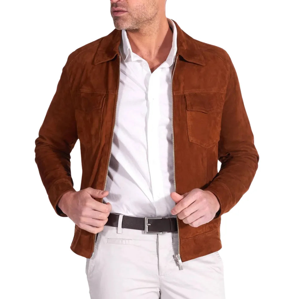 Mens Suede Camel Brown Leather Jacket