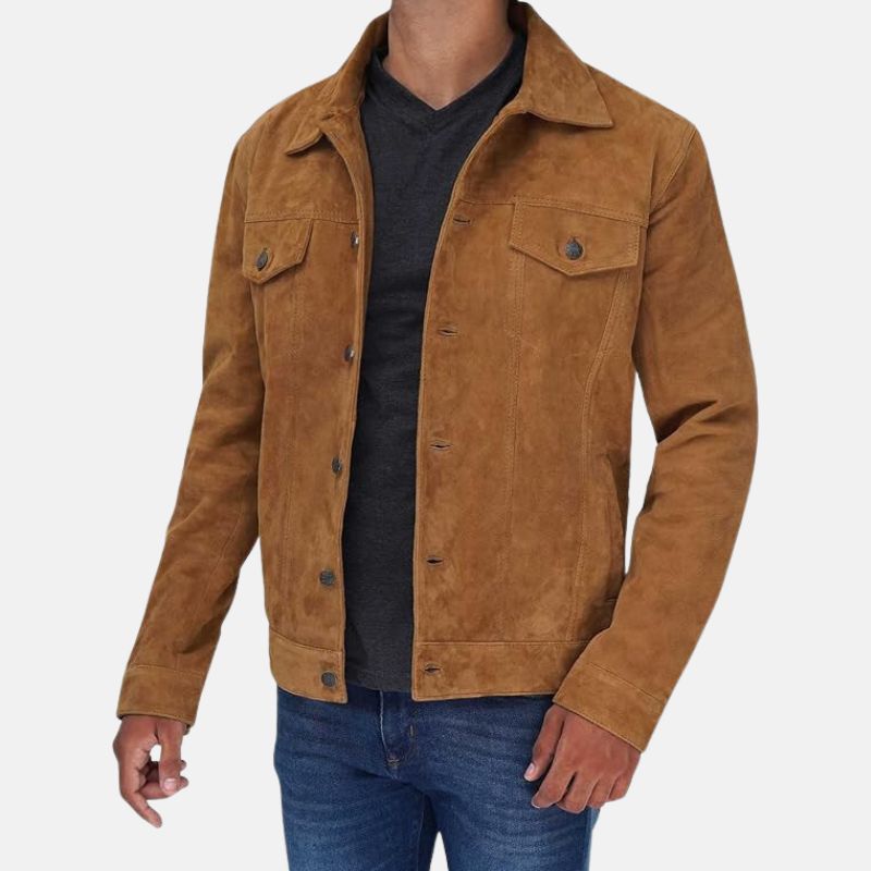 Camel Brown Suede Leather Shirt Jacket For Mens