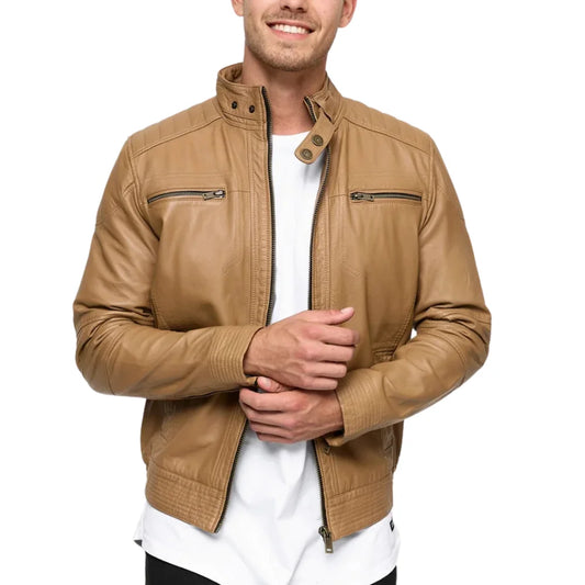 Men's Camel Brown Mao Collar Leather Jacket