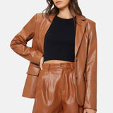 Oversized Cognac Brown Leather Blazer For Womens