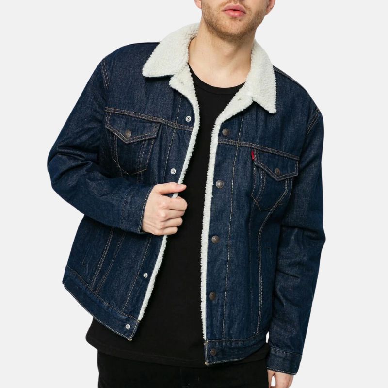 Dark Blue Shearling Denim Jacket Mens