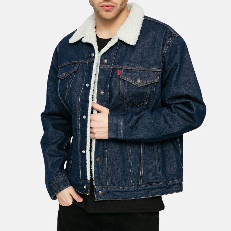 Dark Blue Shearling Denim Jacket Mens