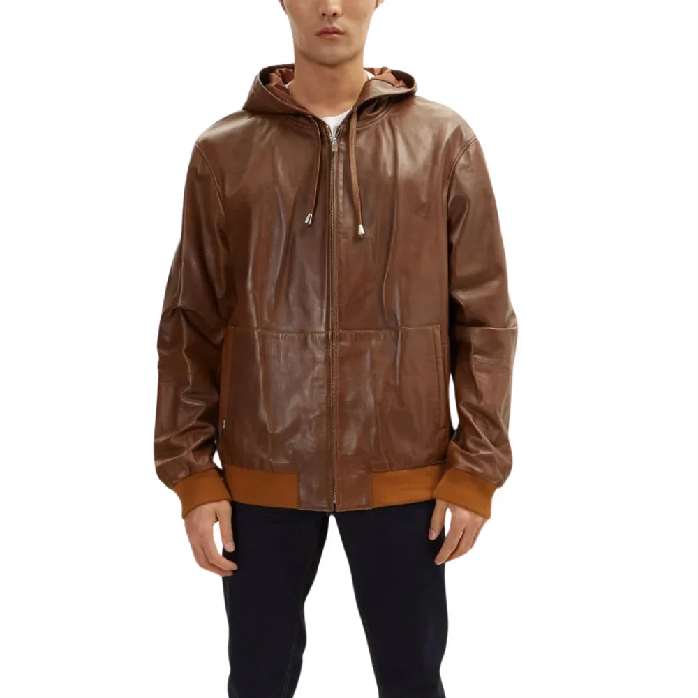 Mens Brown Leather Bomber Jacket with Hood