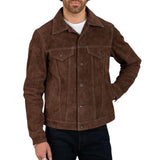 Men's Shirt Collar Dark Brown Suede Leather Trucker Jacket