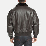 Dark Brown Leather Aviator Bomber Jacket With Fur Collar For Mens