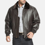 Dark Brown Fur Collar Aviator Leather Bomber Jacket Mens