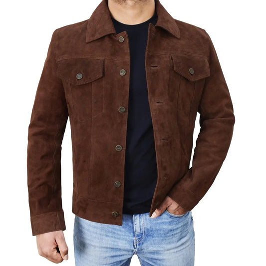 James  Men's Shirt Collar Dark Brown Suede Leather Trucker Jacket