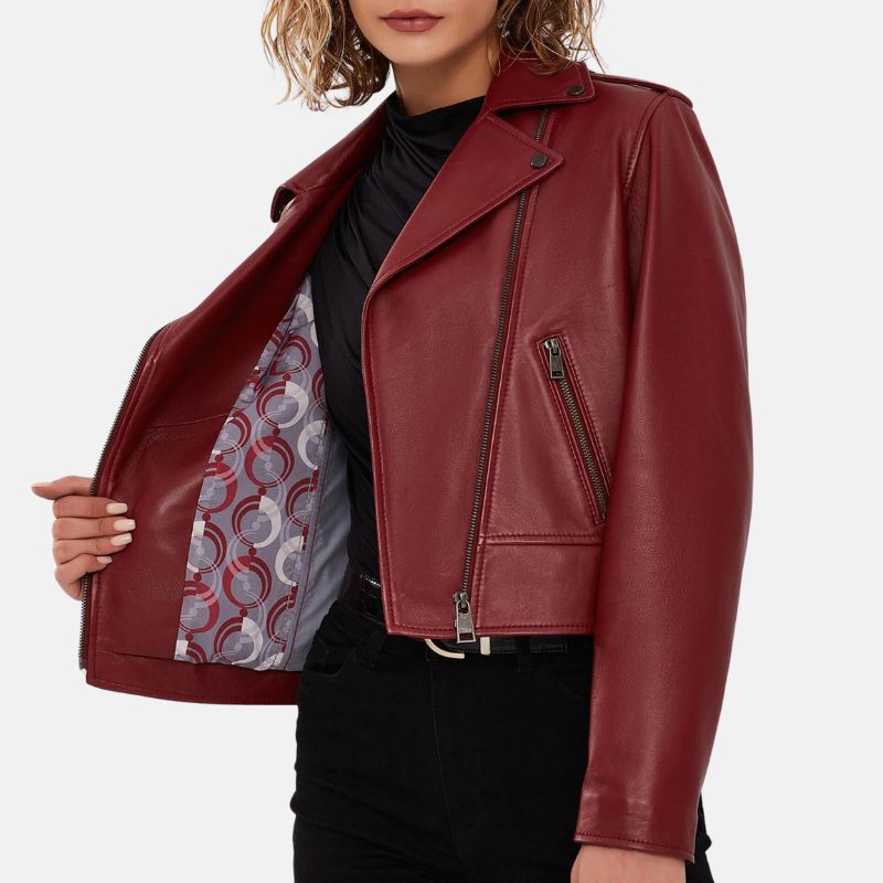 Dark Red Biker Style Leather Jacket