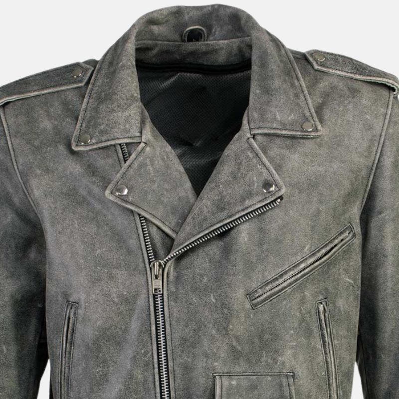 Mens Biker Distressed Grey Leather Jacket