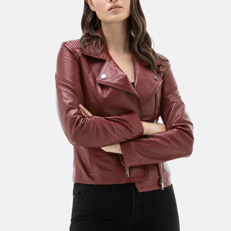 Distressed Leather Womens Maroon Jacket