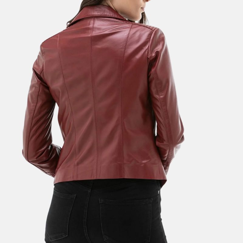 Distressed Maroon Asymmetrical Leather Biker Jacket For Women