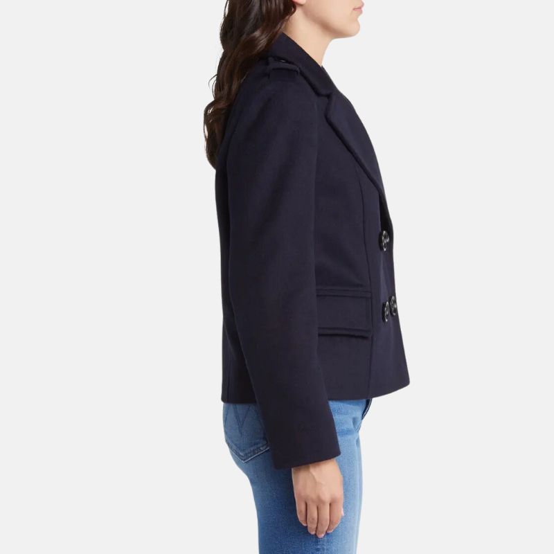 Womens Double Breasted Dark Blue Wool Coat