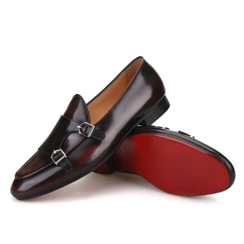 Double Monk Straps Leather Burgundy Loafers For Mens