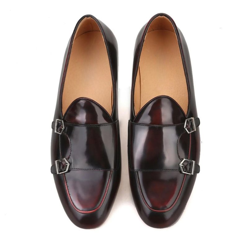 Double Monk Straps Burgundy Leather Loafers Men