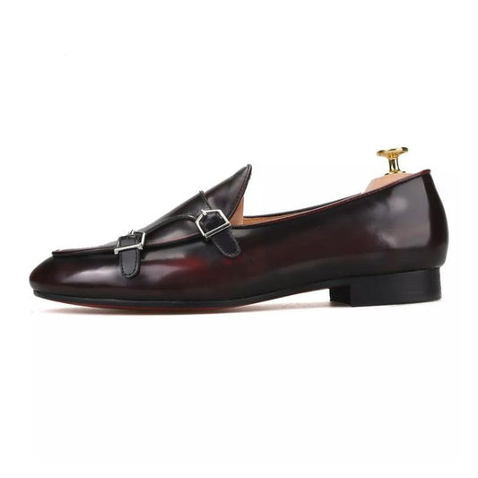 Double Monk Straps Burgundy Loafers For Mens