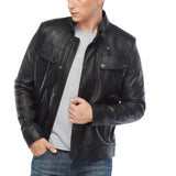 Men’s Double Pockets Black Leather Biker Jacket