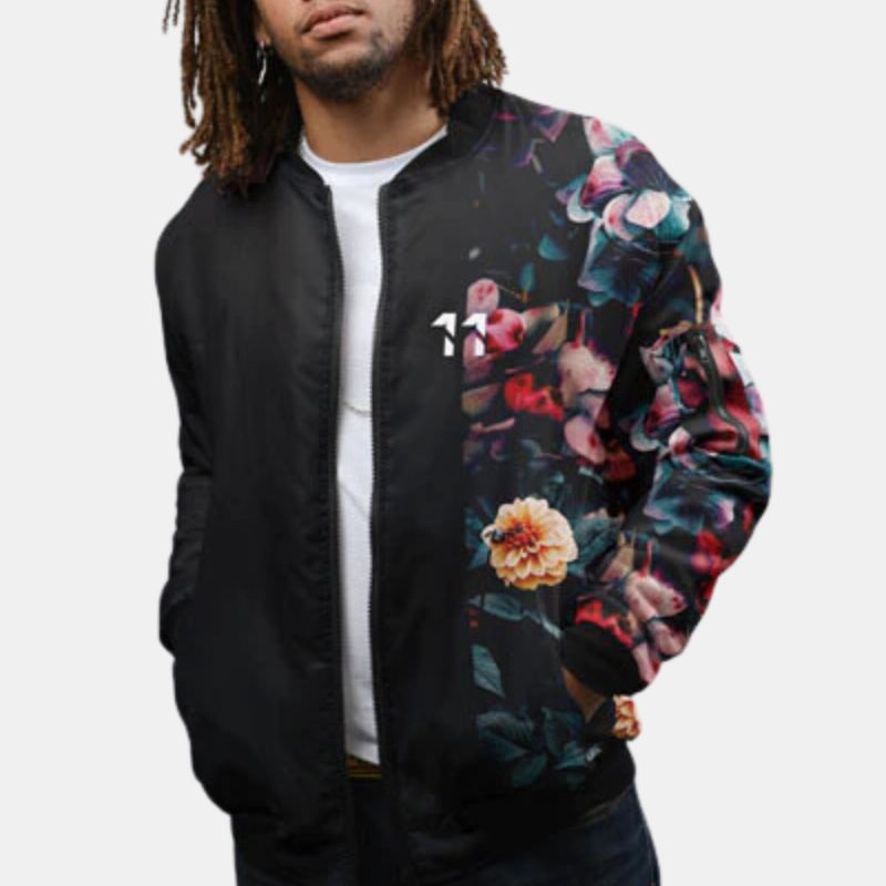 Black Flower Bomber Jacket Mens