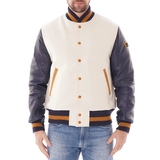 Wool Off White Varsity Jacket With Purple Leather Sleeves