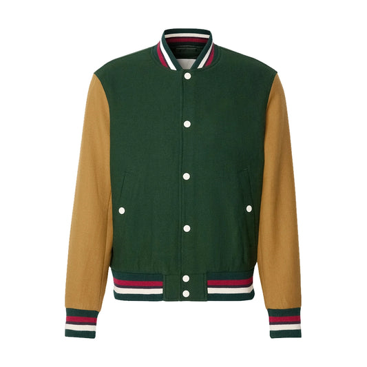 Aaron Wool Mens Dark Green Varsity Jacket with Cognac Sleeves