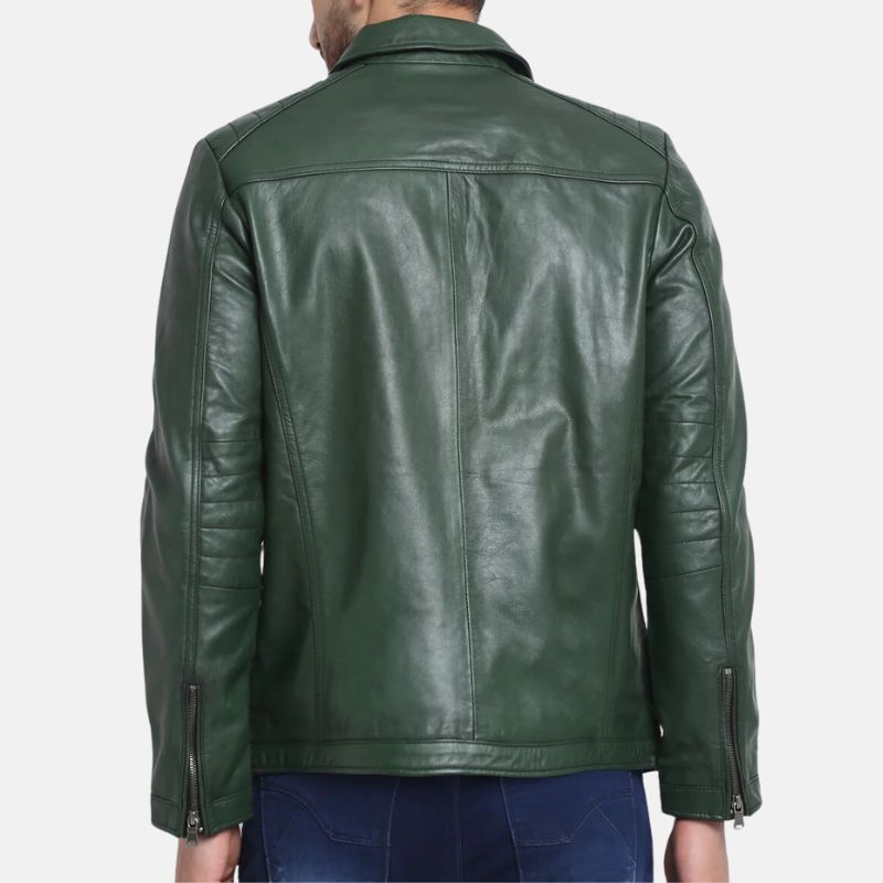 Green Leather Shirt Collar Jacket For Men's