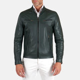 Men's Vintage Green Snap Tap Leather Cafe Racer Jacket