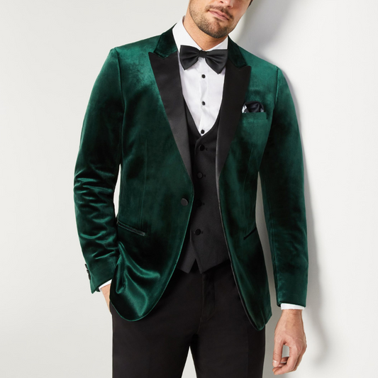 Men's Three Piece Peak Lapel Green Velvet Tuxedo