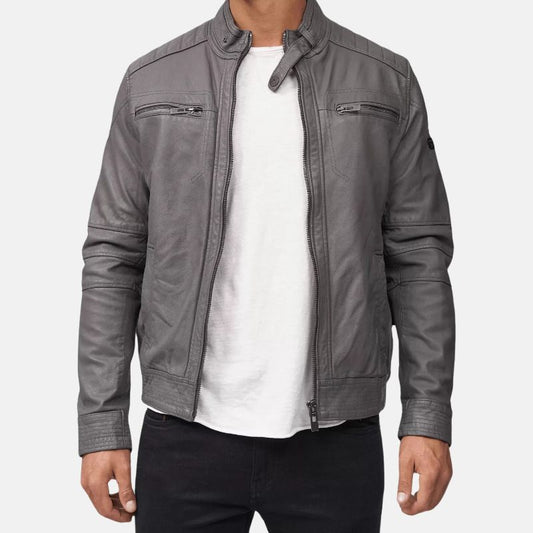 Grey Cafe Racer Leather Jacket Mens