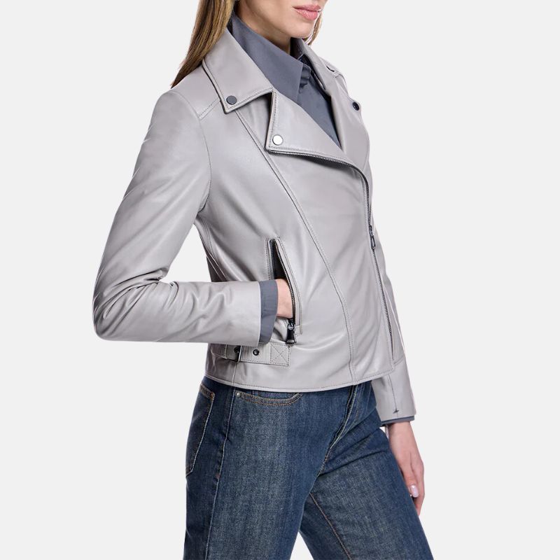 Grey Leather Biker Jacket Womens