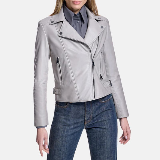 Grey Leather Womens Biker Jacket