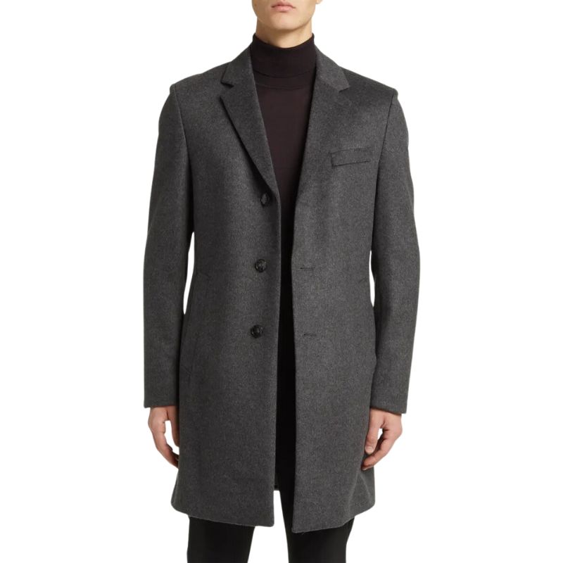 Grey Single Breasted Wool Overcoat Mens