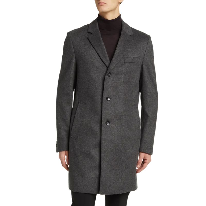 Grey Single Breasted Wool Overcoat Mens