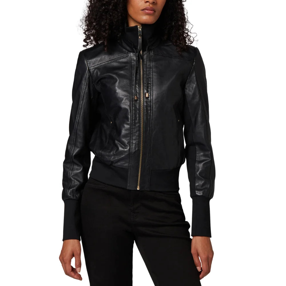 Women's Black Leather Bomber High Neck Jacket