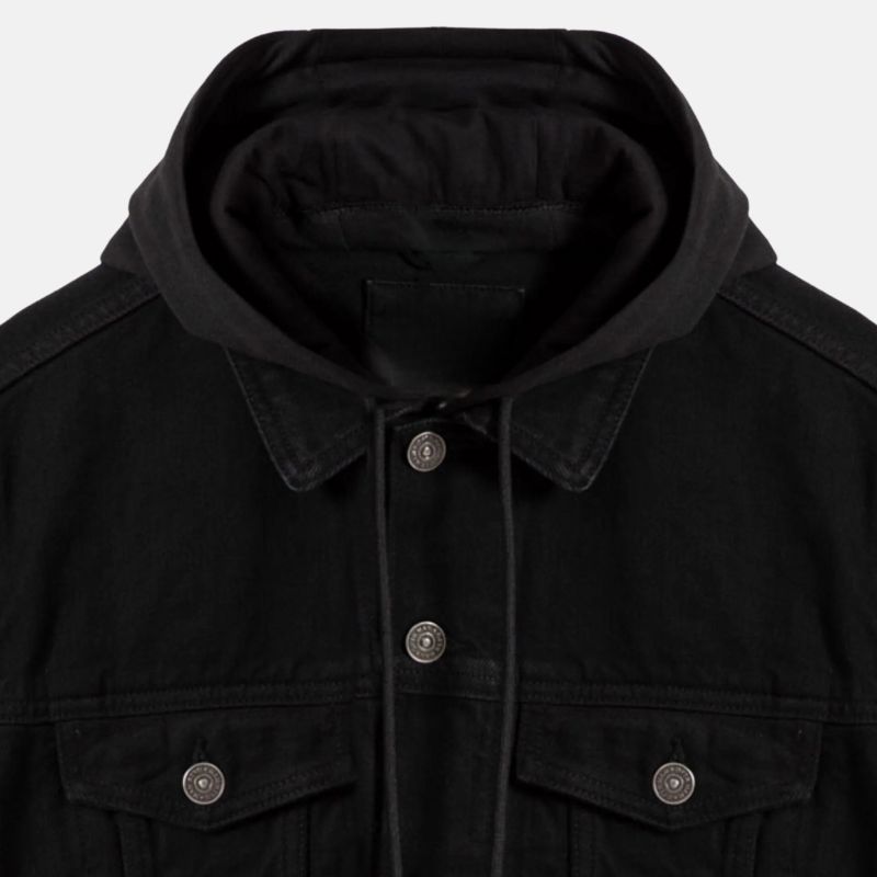 Black Denim Jacket With Hood For Mens