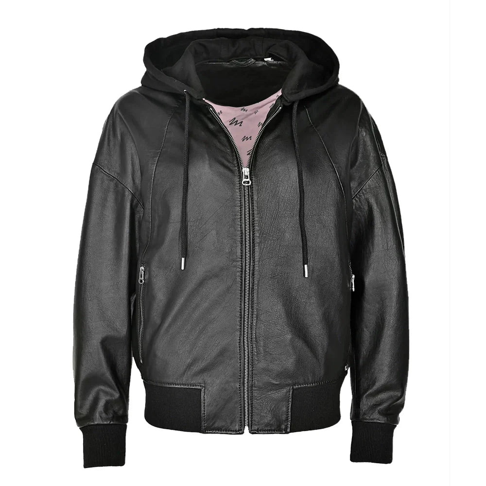 Women's Black Hooded Leather Bomber Jacket with Removable Hood