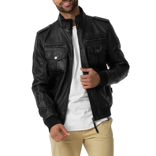 Men's Versatile Black Trucker Leather Bomber Jacket