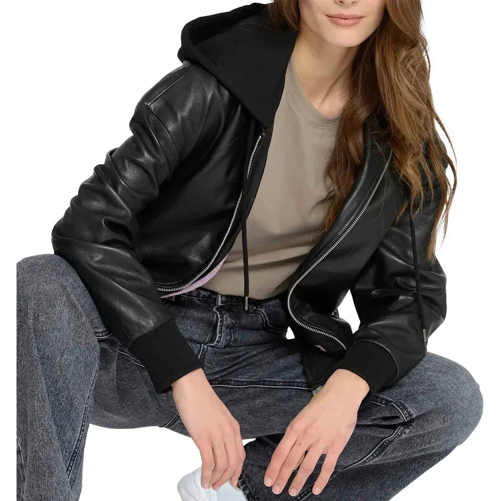 Women's Black Hooded Leather Bomber Jacket with Removable Hood