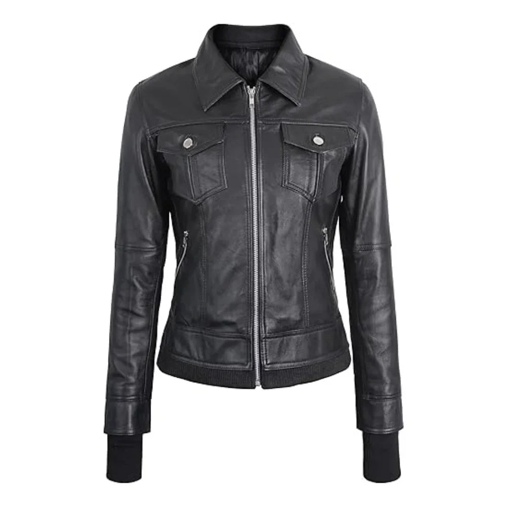 Black Leather Bomber Jacket Women with Removable Hood