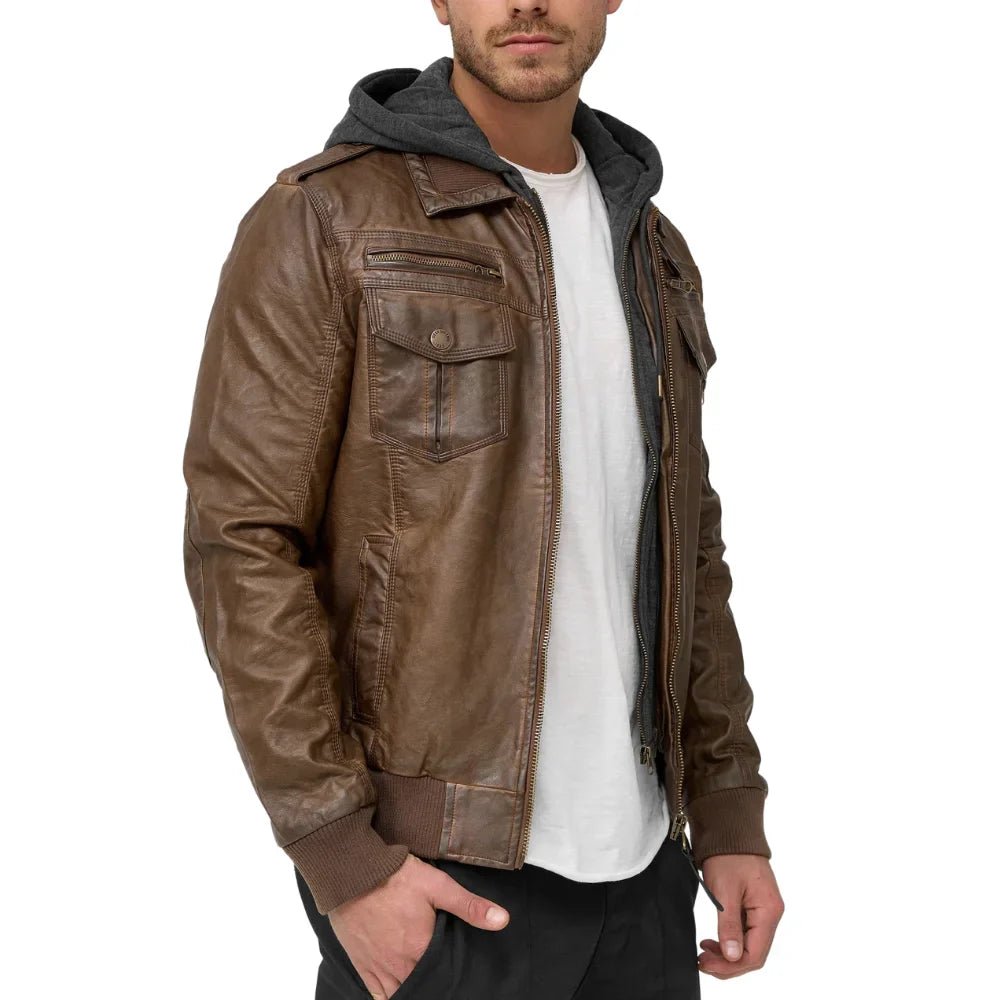 Mens Dark Brown Leather Bomber Jacket With Removable Hood