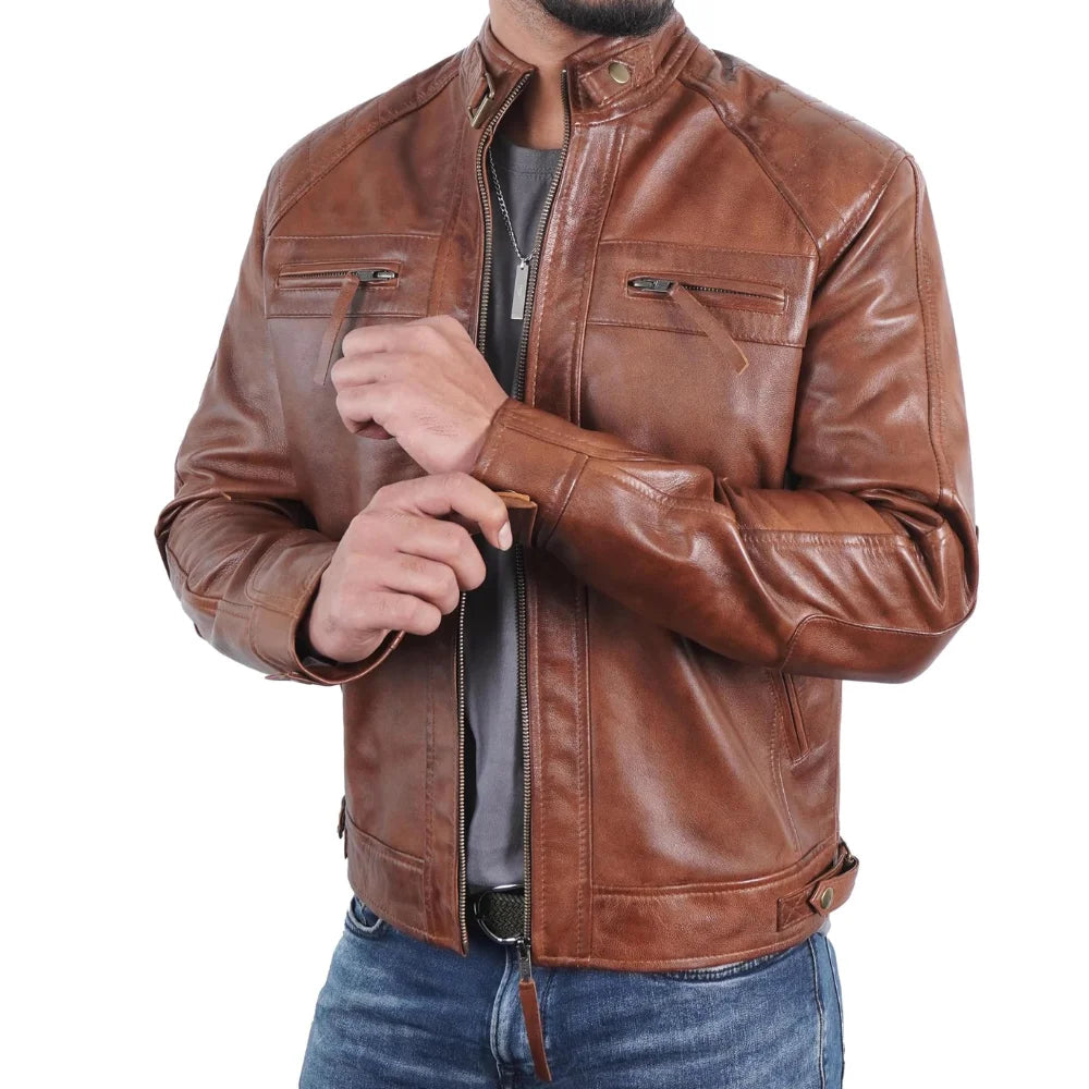 Men's Quilted Shoulders Café Racer Cognac Leather Jacket