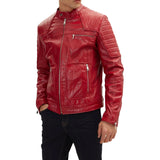 Red Leather Biker Jacket Men's with Quilted Details