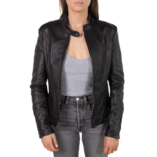 Women's Black Leather Cafe Racer Jacket