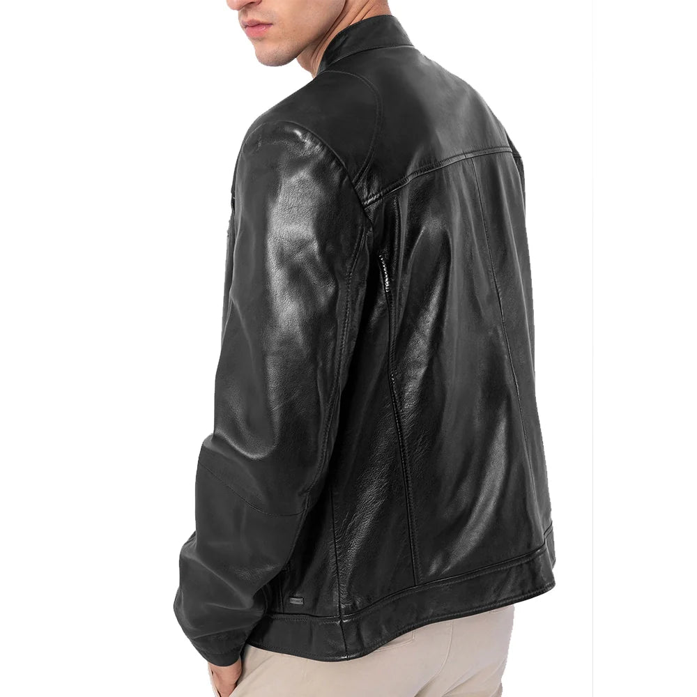 Men's Lambskin Leather Black Cafe Racer Jacket