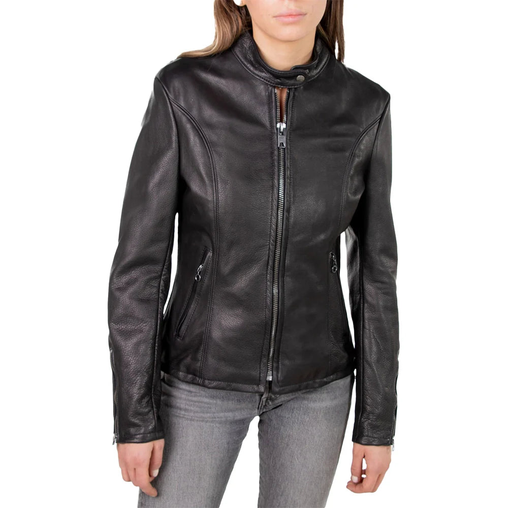 Women's Black Leather Cafe Racer Jacket