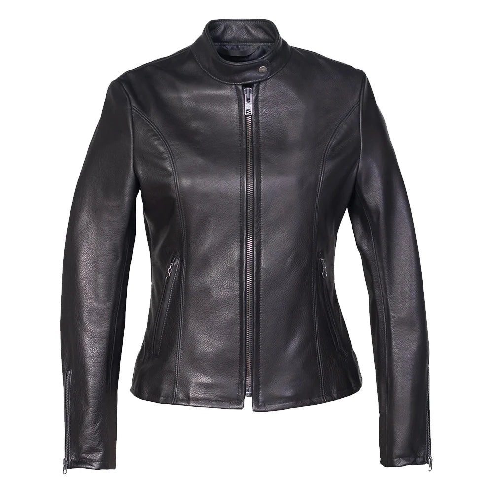 Women's Black Leather Cafe Racer Jacket